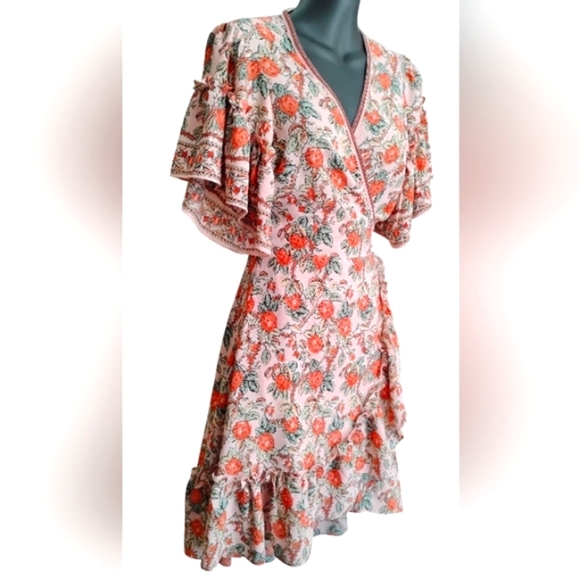 Max Studio | EUC Rose Floral Print Ruffle Sleeve Wrap High Low Dress | XS - Picture 12 of 13